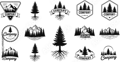 Black and white vector logos featuring trees, mountains, lakes, cabins, and geometric shapes for outdoor, rustic, and nature branding