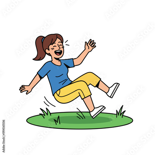 Woman doing a funny dance on a grassy patch outdoors