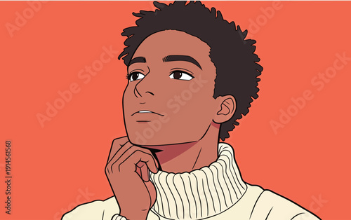 A young person looks upward while resting their chin on the hand. The background is bright orange, creating a bold contrast.