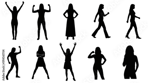 Silhouettes of women in various active and expressive poses on a white background