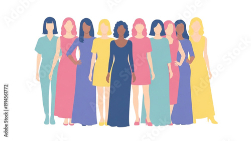 Diverse group of women standing together, celebrating unity, empowerment, and sisterhood in a vibrant illustration