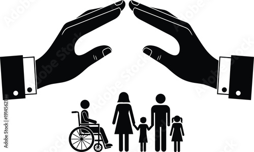 Protective hands sheltering diverse family with children and disabled member representing insurance safety care support social security inclusion unity and family protection concept