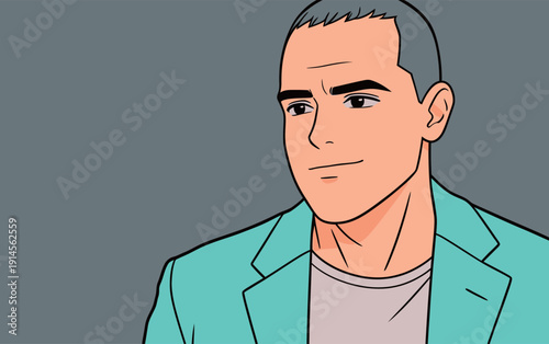 A man with short hair wears a teal blazer over a plain shirt. He smiles while sitting against a gray background.