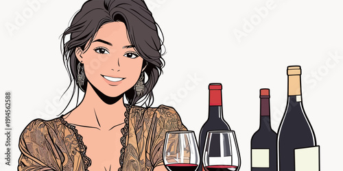 A woman holds two glasses of red wine with a smile, while bottles of wine sit on the table beside her.