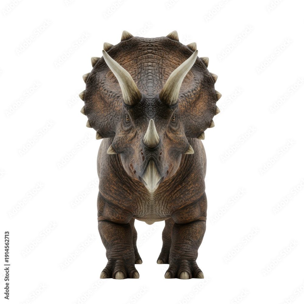 Fototapeta premium A massive ceratopsian dinosaur specimen, featuring thick leathery brown skin and sharp ivory horns, isolated on a transparent high-key studio background, symbolizing the concept of paleontology