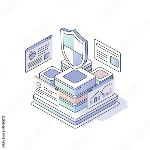 Isometric illustration of data security and protection concept with shield and documents.