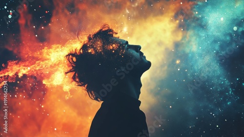 Cosmic flames engulfing a man's head against a nebula backdrop