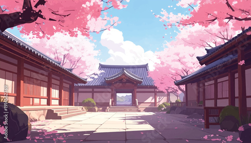 Grand Temple Courtyard with Sakura Arch. Cultural Plaza Under Blooming Canopy. Historic Asian Complex in Spring Light