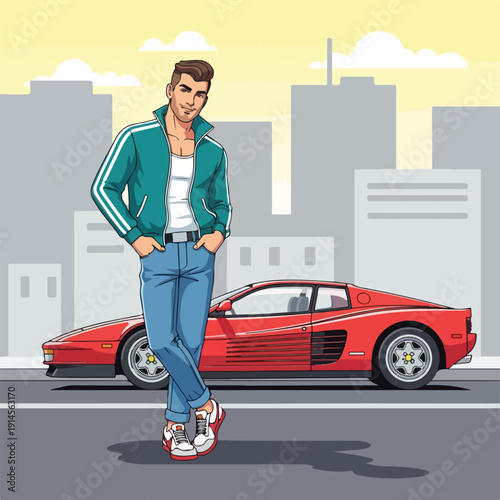 Man in green jacket standing confidently beside red sports car