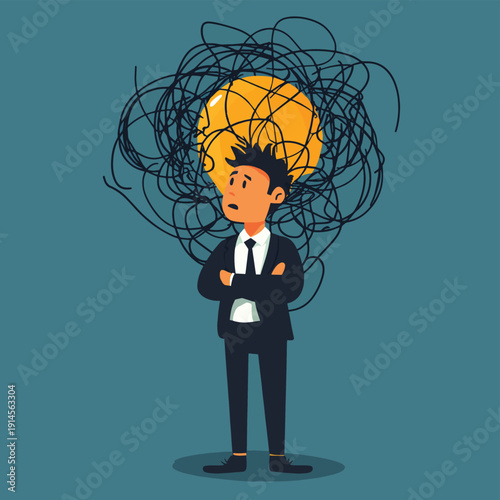 businessman solving complicated problem with tangled lines and lightbulb symbolizing creative solution , vector style simple color