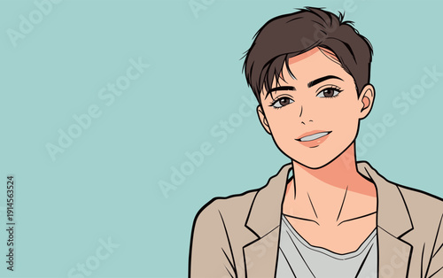 A young adult with short hair smiles while wearing a casual outfit. The background is a simple light color that contrasts with the subject.