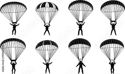 Set of skydiver parachute silhouettes showing different landing positions, extreme sport concepts, skydiving safety, adventure activity icons isolated on white background illustration