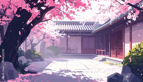 Minimal Zen Residence with Blooming Trees. Quiet Asian Patio Framed by Sakura. Elegant Wooden Villa in Spring Atmosphere
