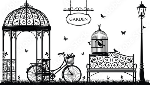 Vintage garden silhouette illustration with ornate gazebo, bicycle, bench, birdcage, butterflies and street lamp, romantic park scene isolated on white background vector design