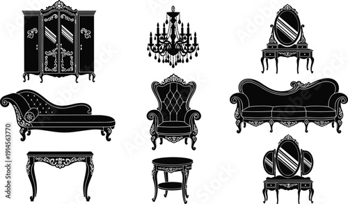 Vintage baroque furniture silhouette set featuring sofa, armchair, wardrobe, mirror table and chandelier, elegant classic interior decor collection isolated on white background vector illustration