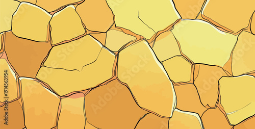 Yellow stones are laid out close to each other, forming a rough surface that catches light. The stones vary in size and shape.