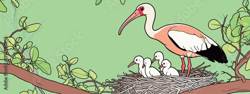 A bird stands beside three baby birds in a nest surrounded by green leaves on a tree branch during spring.