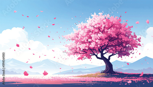 Windswept Cherry Tree Across Open Plain. Floating Petals Over Minimal Horizon. Elegant Pink Bloom in Vast Landscape