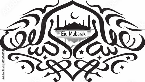 Eid Mubarak greeting with mosque silhouette and crescent moon