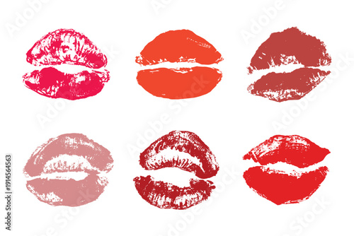 Set of lipstick kiss print Different shapes and colors imprint of lips Red pink female sexy lips makeup Design elements for beauty fashion poster Valentines Day wedding