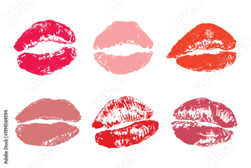 Set of lipstick kiss print Different shapes and colors imprint of lips Red pink female sexy lips makeup Design elements for beauty fashion poster Valentines Day wedding