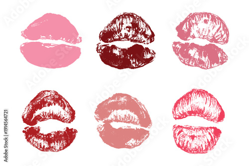 Set of lipstick kiss print Different shapes and colors imprint of lips Red pink female sexy lips makeup Design elements for beauty fashion poster Valentines Day wedding
