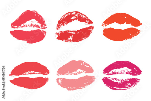 Set of lipstick kiss print Different shapes and colors imprint of lips Red pink female sexy lips makeup Design elements for beauty fashion poster Valentines Day wedding