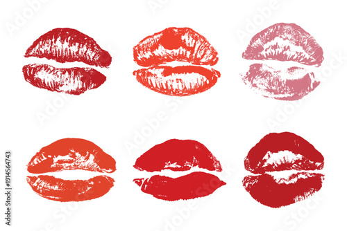 Set of lipstick kiss print Different shapes and colors imprint of lips Red pink female sexy lips makeup Design elements for beauty fashion poster Valentines Day wedding