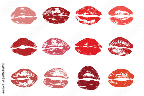 Set of lipstick kiss print Different shapes and colors imprint of lips Red pink female sexy lips makeup Design elements for beauty fashion poster Valentines Day wedding
