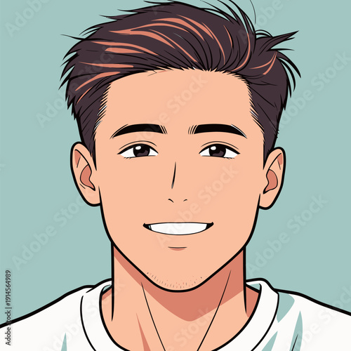 A young man stands smiling at the viewer. He has short hair and is wearing a simple shirt. The background is light and keeps focus on him.