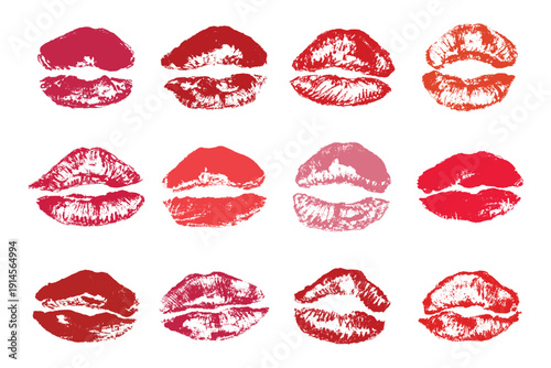 Set of lipstick kiss print Different shapes and colors imprint of lips Red pink female sexy lips makeup Design elements for beauty fashion poster Valentines Day wedding