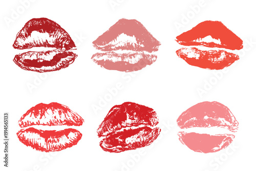 Set of lipstick kiss print Different shapes and colors imprint of lips Red pink female sexy lips makeup Design elements for beauty fashion poster Valentines Day wedding
