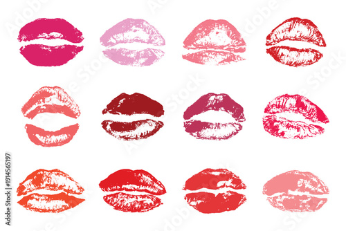 Set of lipstick kiss print Different shapes and colors imprint of lips Red pink female sexy lips makeup Design elements for beauty fashion poster Valentines Day wedding