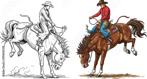 Cowboys riding bucking horses illustration, dynamic rodeo vector artwork, black and white sketch with colored version, western sport decorative design