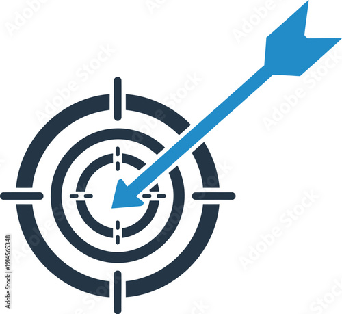 Blue arrow hitting the exact center bullseye of a dark circular target emblem representing business achievement and success.
