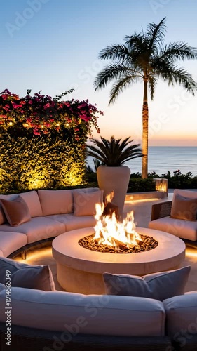 Coastal Luxury Outdoor Lounge Area with Fire Pit Views