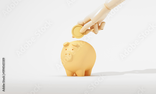 Minimal piggy bank receiving coin from hand, personal finance and smart saving concept for future security, investment planning and wealth management growth. 3d rendering.
