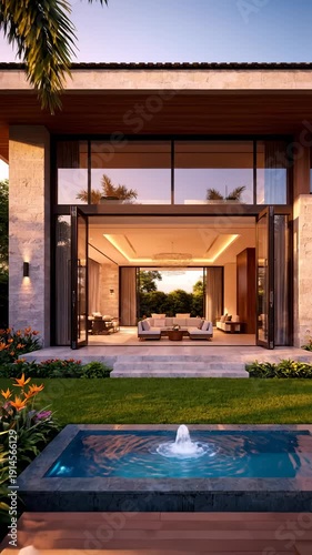 Luxury Home Glass Doors Slowly Open to Garden