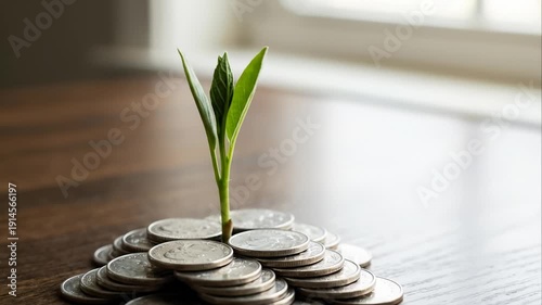 Young Plant Growing From Coins Symbolizing Investment Financial Growth