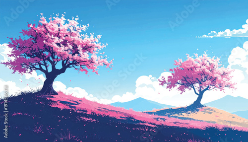 Pink Blossom Tree on Minimalist Spring Horizon. Vibrant Sakura Landscape with Clear Cyan Sky. Lone Cherry Tree on Pastel Meadow Scene. Blooming Floral Canopy in Serene Nature Field