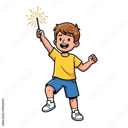 Happy child playing with sparkler on white background