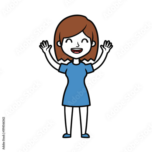 Woman in blue dress with hands up smiling happily standing alone