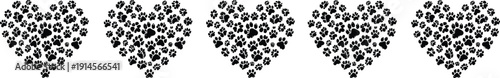 Creative vector illustration of heart shapes formed with paw prints, decorative pet love artwork, animal affection design background for branding