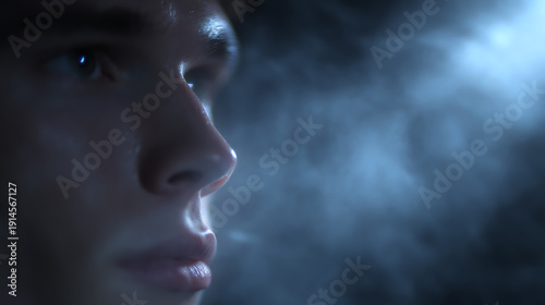 A close-up shot of a thoughtful person in the dark. The person's face is illuminated, creating a contrast with the dark background