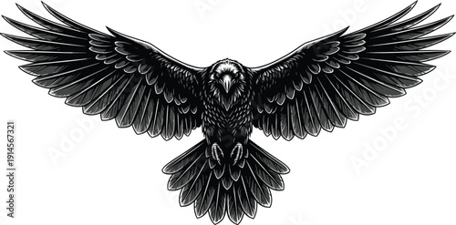 Detailed black and white vector illustration of raven in mid‑flight, wings fully spread, realistic bird anatomy artwork showcasing feathers