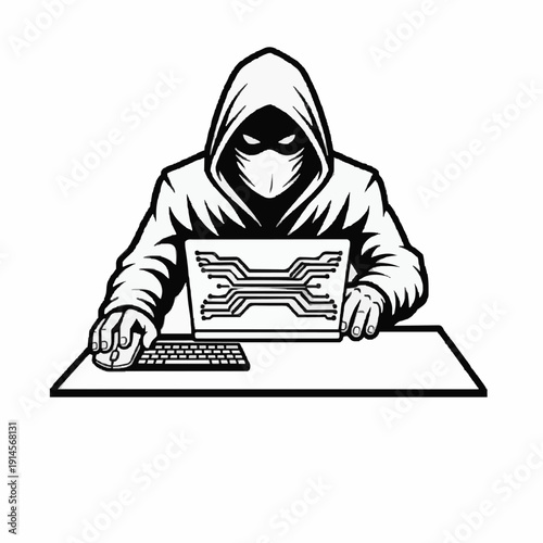 Anonymous Hacker Working on Laptop - Black and White