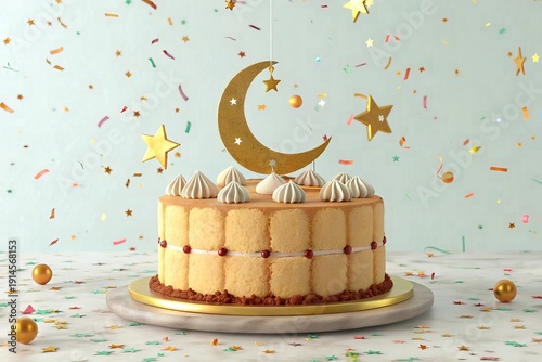 3D render of a giant festive Eid cake decorated with a moon and stars, delicious textures, party confetti background.
