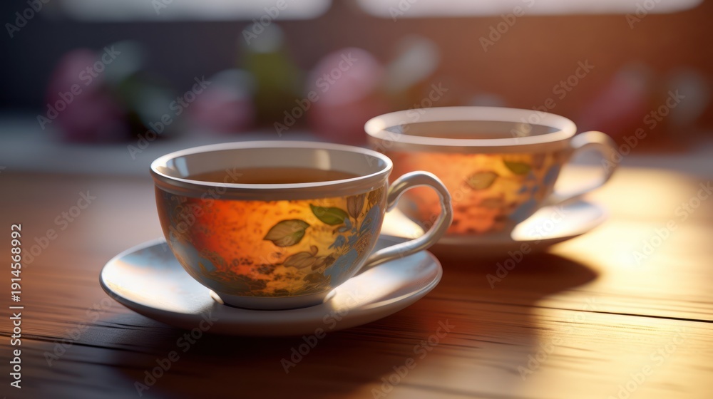 Fototapeta premium Two ornate teacups glow with the warmth of the morning sun, promising a moment of quiet indulgence.