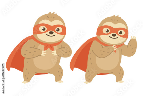 Cute Superhero Sloth Character Set, Funny Sloth Mascot Wearing Red Cape and Mask in Heroic Poses, Brave Animal Power Vector Illustration for Kids