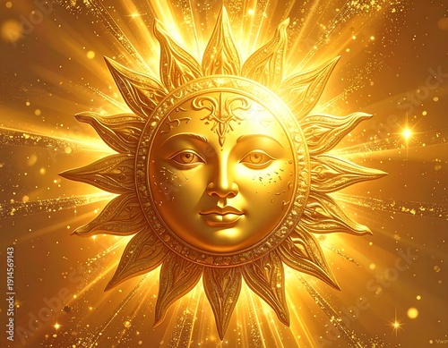 A golden sun with a human-like face surrounded by rays